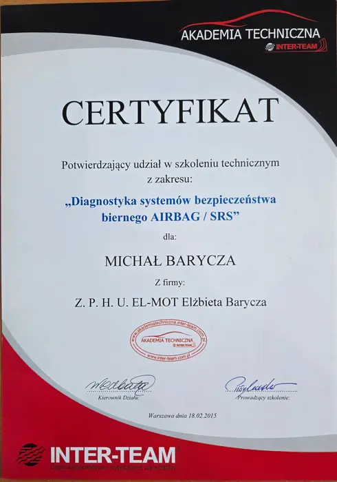Certyfikat szkolenia: diagnostyka systemów AIRBAG/SRS