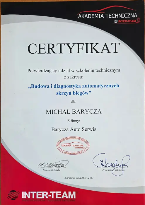 Certyfikat szkolenia: automatyczne skrzynie biegów